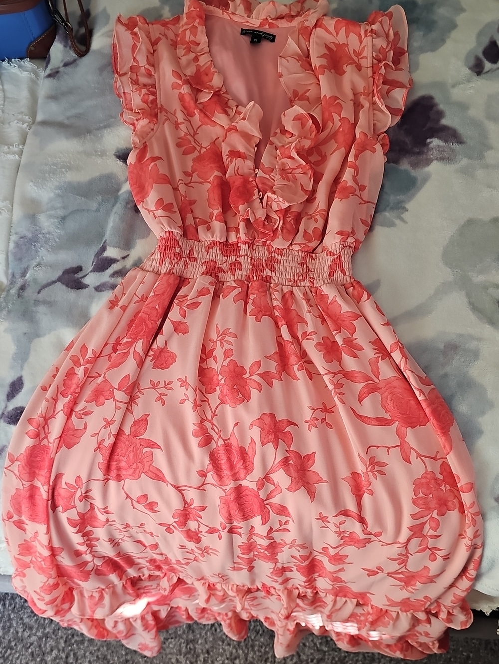 Ruffled Floral Midi Dress in Coral Pink